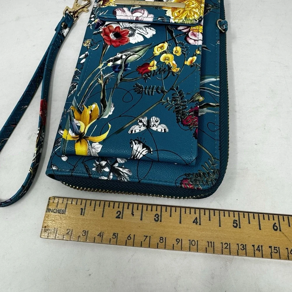 Dasein Floral Wristlet Bag Green Faux Leather Wrist Strap Pebbled Wallet Purse